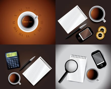 Set of Business backgrounds including pen mobile notepad and cup of tea