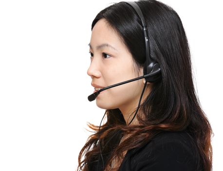 asian woman wearing headset