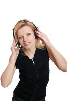 woman in headphones on a white background