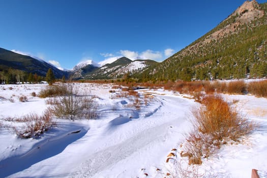 Fall River frozen over on a winter day in Rocky Mountain National Park of Colorado.