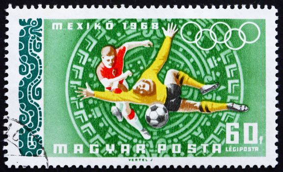 HUNGARY - CIRCA 1968: a stamp printed in the Hungary shows Football, Summer Olympic sports, Mexico 68, circa 1968