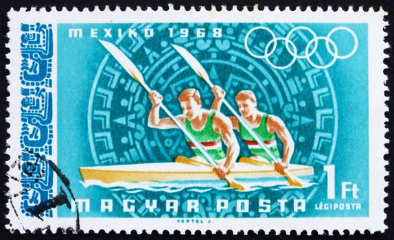 HUNGARY - CIRCA 1968: a stamp printed in the Hungary shows Canoeing, Summer Olympic sports, Mexico 68, circa 1968