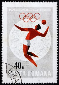 ROMANIA - CIRCA 1968: a stamp printed in the Romania shows Volleyball, Summer Olympic sports, Mexico 68, circa 1968