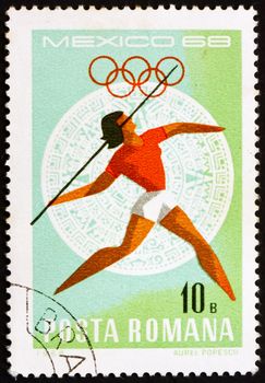 ROMANIA - CIRCA 1968: a stamp printed in the Romania shows Javelin, Women�s, Summer Olympic sports, Mexico 68, circa 1968