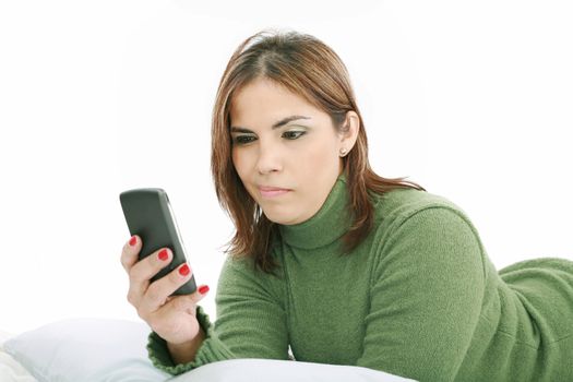 woman angry with technology isolated over a white background