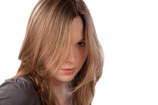 girl with the dismissed hair and a severe look isolated