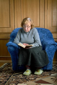 grandmother sits in an armchair and reads the book