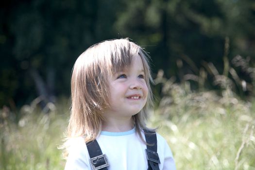 The little girl on a background of green meadow