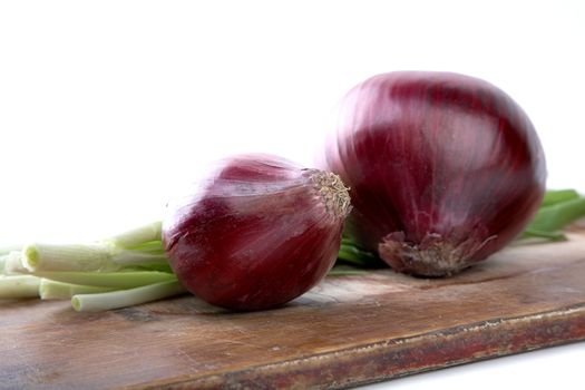 bulb and green onion a chopping board