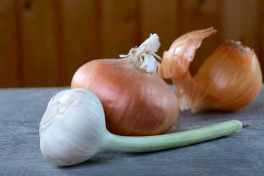  garlic onions and peel on a table from unplaned boards