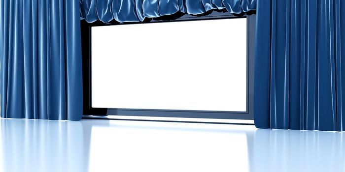 empty white modern screen with blue curtains around