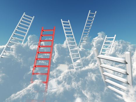 white and red stairs rising in clouds on a background blue sky