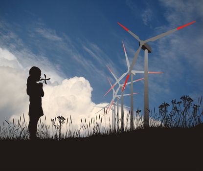 Illustration of the wind turbines and a girl with propeller
