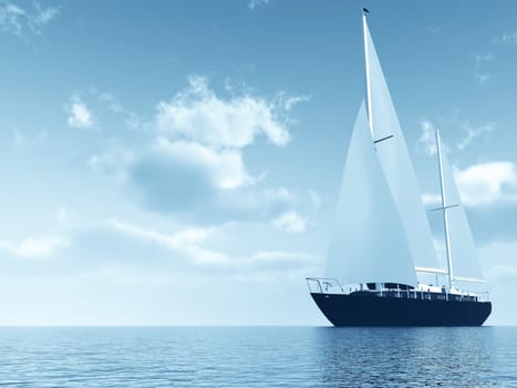 sailing vessel travelling on ocean on a background of the cloudy blue sky