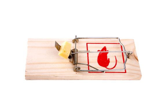 Mousetrap with cheese  on a white background