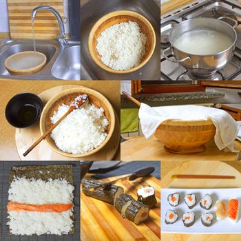 Collection of images representing the main steps of cooking a homemade sushi