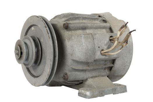 Old electric motor with a pulley, isolated on white background