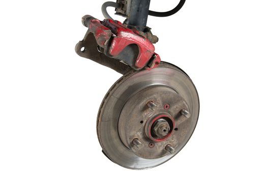 Old brake pads and disk, isolated on a white background