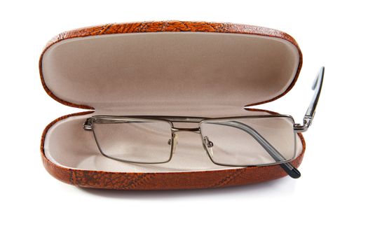glasses in a case isolated on a white background