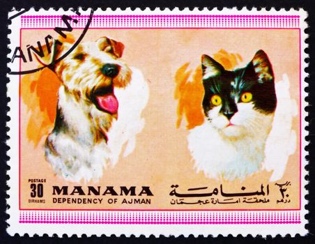MANAMA - CIRCA 1972: a stamp printed in the Manama shows Dog and Cat, Pets, circa 1972