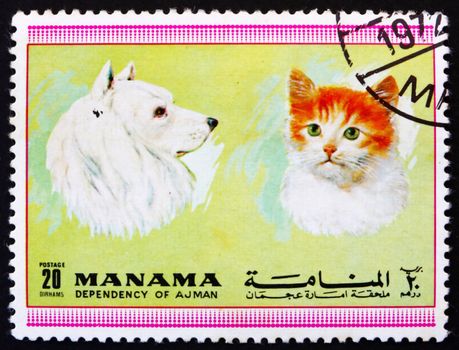MANAMA - CIRCA 1972: a stamp printed in the Manama shows Dog and Cat, Pets, circa 1972