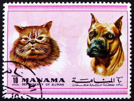 MANAMA - CIRCA 1972: a stamp printed in the Manama shows Dog and Cat, Pets, circa 1972