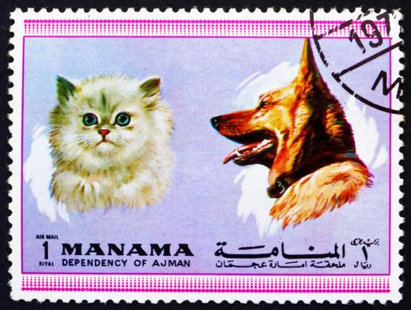 MANAMA - CIRCA 1972: a stamp printed in the Manama shows Dog and Cat, Pets, circa 1972