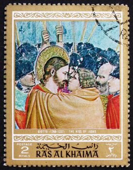 RAS AL-KHAIMAH - CIRCA 1970: a stamp printed in the Ras al-Khaimah shows The Kiss of Judas, Painting by Giotto di Bondone, Life of Jesus Christ, circa 1970