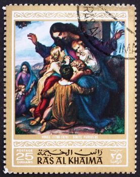 RAS AL-KHAIMAH - CIRCA 1970: a stamp printed in the Ras al-Khaimah shows Sinite Parvulos, Painting by Ludwig Vogel, Life of Jesus Christ, circa 1970