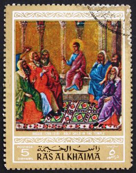 RAS AL-KHAIMAH - CIRCA 1970: a stamp printed in the Ras al-Khaimah shows Jesus in the Temple, Painting by Duccio di Buonisegna, Life of Jesus Christ, circa 1970