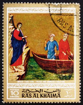 RAS AL-KHAIMAH - CIRCA 1970: a stamp printed in the Ras al-Khaimah shows Calling of Peter and Andrew, Painting by Duccio di Buonisegna, Life of Jesus Christ, circa 1970