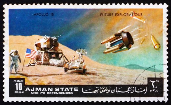 AJMAN - CIRCA 1972: a stamp printed in the Ajman shows Moon-landing, Apollo 15, Mission to the Moon, circa 1972