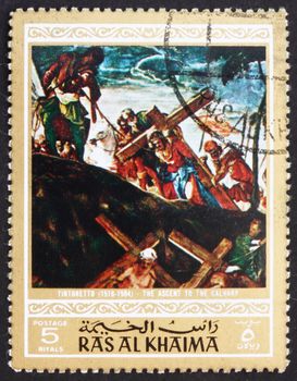 RAS AL-KHAIMAH - CIRCA 1970: a stamp printed in the Ras al-Khaimah shows The Ascent to Calvary, Painting by Jacopo Tintoretto, Life of Jesus Christ, circa 1970