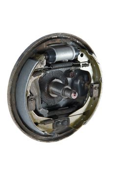 New brake pads and cylinder brake drum, isolated on a white background