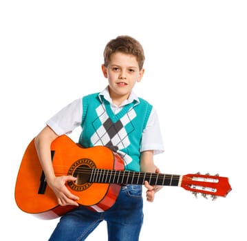 Cute boy with classical guitar. Isolated on white background