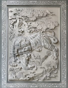 Tiger with Cub Sculpture Relief Stone Carving Outside Chinese Temple