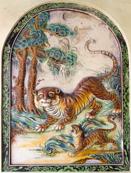Colorful Painted Tiger with Cub Wall Relief Carving Outside Chinese Temple