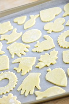 Cookie tray with raw homemade cookies ready for baking