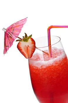 Strawberry daiquiri in glass isolated on white background with umbrella