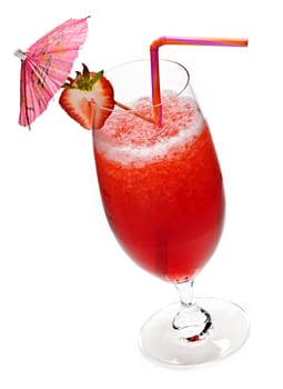 Strawberry daiquiri in glass isolated on white background with umbrella