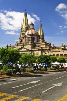 View of the Cathedral from Zocalo in historic center in Guadalajara, Jalisco, Mexico