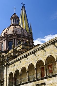 View of the Cathedral from Zocalo in historic center in Guadalajara, Jalisco, Mexico