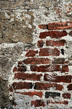 Old red brick and cement grunge wall background