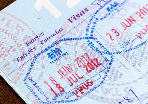 Stamps in a USA passport for Cambodia and Thailand entry visas