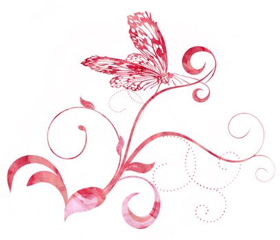 red pink butterfly curves watercolor illustration