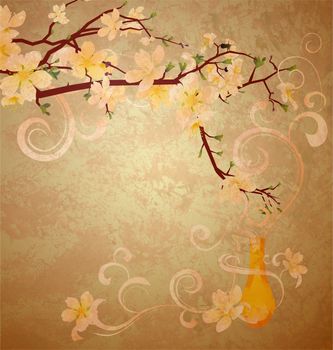 yellow blossoming tree and fragrance vintage style illustration