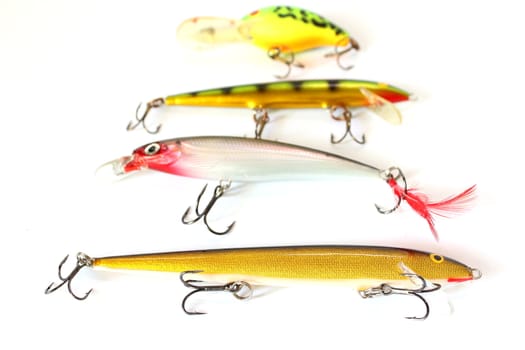 Isolated fishing lures lined up from small to large