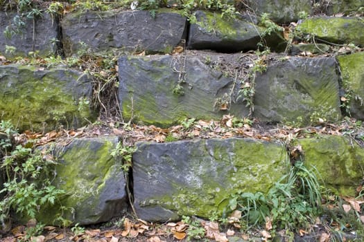 Stone wall, green grass, yellow sheet.