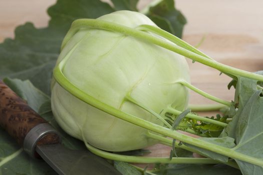 Fresh Kohlrabi on wooden board with big knife