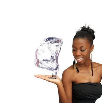 A lovely young black hostess holding a spring of water rising from her right hand.  Isolated on a white background with generous copyspace.